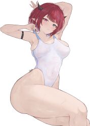 Rule 34 | 1girl, absurdres, armpits, bare shoulders, blue eyes, blush, breasts, chyraliss, collarbone, commentary, covered navel, english commentary, heterochromia, highleg, highleg swimsuit, highres, hololive, hololive english, horns, irys (hololive), large breasts, looking at viewer, multicolored hair, multiple horns, navel, one-piece swimsuit, pointy ears, purple eyes, red hair, short hair, simple background, solo, streaked hair, swimsuit, thighs, virtual youtuber, water, wet, wet clothes, wet swimsuit, white background, white one-piece swimsuit