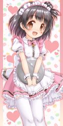 Rule 34 | 1girl, :d, alternate costume, apron, black hair, blush, breasts, brown eyes, collared shirt, commentary request, dress shirt, enmaided, frilled apron, frilled skirt, frills, hair bun, heart, highres, holding, holding tray, idolmaster, idolmaster million live!, idolmaster million live! theater days, looking at viewer, maid, maid headdress, nakatani iku, one side up, open mouth, pink skirt, pleated skirt, pretty waitress (idolmaster), puffy short sleeves, puffy sleeves, regular mow, shirt, short sleeves, side bun, single hair bun, single side bun, skirt, small breasts, smile, solo, thighhighs, tray, white apron, white shirt, white thighhighs, wrist cuffs