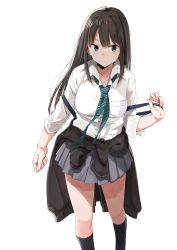 Rule 34 | 1girl, absurdres, amu (258shin), black socks, black sweater, blue skirt, blush, brown hair, buttons, closed mouth, clothes around waist, collared shirt, commentary request, green eyes, highres, idolmaster, idolmaster cinderella girls, kneehighs, legs apart, long hair, miniskirt, pleated skirt, school uniform, shibuya rin, shirt, shirt tucked in, simple background, skirt, sleeves rolled up, socks, solo, standing, straight hair, sweater, sweater around waist, white background, white shirt, wing collar