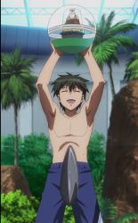 Rule 34 | armpits, arms up, ben-tou, black hair, blue male swimwear, blue shorts, blue swim trunks, bulge, bush, closed eyes, erection, erection under clothes, food, happy, highres, holding, ice cream, male swimwear, open mouth, orb, screencap, shorts, stitched, swim trunks, swimsuit, third-party edit, topless male, tree