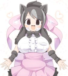 Rule 34 | 1girl, animal ears, arm warmers, bear ears, bear girl, bergman&#039;s bear (kemono friends), black hair, blush, bow, breasts, buttons, center frills, commentary request, cowboy shot, empty eyes, frills, grey hair, hair bow, heart, high-waist skirt, highres, kemono friends, large breasts, lets0020, long hair, looking at viewer, medium bangs, multicolored hair, open mouth, pink bow, pink skirt, shirt, sidelocks, simple background, skirt, sleeveless, smile, solo, white background, white shirt