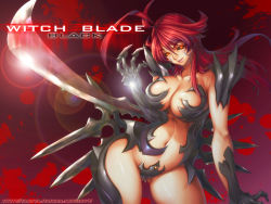 Rule 34 | 00s, 1girl, amaha masane, arm blade, armor, bikini armor, black sclera, blade, breasts, claws, cleavage, colored sclera, hip focus, large breasts, momofuki rio, navel, red hair, smile, solo, takuya itaiwan, weapon, wide hips, witchblade, yellow eyes