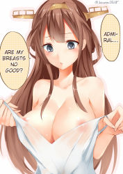 Rule 34 | 10s, 1girl, :o, areola slip, artist name, bare shoulders, blue eyes, blush, breasts, brown hair, cleavage, collarbone, covered erect nipples, double bun, dress, hard-translated, headgear, kantai collection, kongou (kancolle), large breasts, long hair, no bra, open mouth, pulling own clothes, sakiryo kanna, see-through, sidelocks, simple background, solo, speech bubble, strap pull, sundress, talking, tareme, text focus, third-party edit, translated, undressing, upper body, very long hair, wet, wet clothes, wet dress, white background, white dress