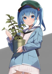 Rule 34 | 1girl, absurdres, blue eyes, blue hair, blue jacket, closed mouth, cowboy shot, flat cap, green hat, hair bobbles, hair ornament, hat, highres, holding, holding plant, jacket, kawashiro nitori, long sleeves, looking at viewer, plant, pocket, potted plant, short hair, smile, solo, standing, tetsurou (fe+), touhou, two side up