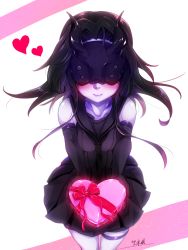 Rule 34 | 10s, 1girl, abyssal ship, bare shoulders, black gloves, black hair, blush, box, commentary request, dress, elbow gloves, gift, gift box, gloves, heart-shaped box, highres, horns, kantai collection, light cruiser princess, lips, long hair, mask, mochitsuki (mo chooon), pale skin, parted bangs, school uniform, serafuku, short dress, smile, solo, thigh strap, valentine