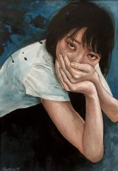 Rule 34 | 1girl, acrylic paint (medium), black hair, covering own mouth, highres, kneeling, looking at viewer, original, painting (medium), realistic, satou t, shirt, solo, traditional media, white shirt