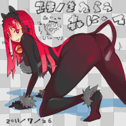 Rule 34 | 1girl, all fours, animal costume, animal ears, ass, bell, breasts, cat costume, cat ears, cat tail, catsuit, chibi, chibi inset, large breasts, mori hikiko, original, red eyes, red hair, solo, tail, takayama toshinori, thighs