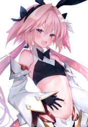 Rule 34 | 1boy, absurdres, astolfo (fate), astolfo (saber) (fate), black bow, black gloves, black ribbon, blush, bow, bowtie, fate/grand order, fate (series), gloves, hair between eyes, hair bow, hair intakes, hair ribbon, highres, long hair, long sleeves, looking at viewer, male focus, multicolored hair, navel, pink hair, red eyes, ribbon, smile, solo, streaked hair, suzuho hotaru, third-party source, trap, twintails, white hair