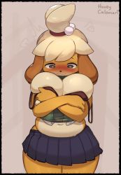 Rule 34 | 1girl, @ @, ^^^, animal crossing, animal ears, animal nose, artist name, belly, black border, black eyes, blonde hair, blue skirt, blush, body fur, border, bra, breasts, brown background, closed mouth, covering privates, covering breasts, cowboy shot, crossed arms, dog ears, dog girl, embarrassed, female focus, furry, furry female, green vest, hair bobbles, hair ornament, hair tie, highres, honey calamari, isabelle (animal crossing), large breasts, looking down, midriff, miniskirt, navel, nintendo, nose blush, pleated skirt, plump, red bra, shirt, signature, simple background, skirt, solo, standing, straight-on, strap slip, sweat, thick thighs, thighs, topknot, two-tone fur, undersized clothes, underwear, vest, wavy mouth, white fur, white shirt, wide hips, yellow fur