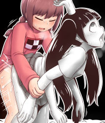 Rule 34 | 2girls, bent over, black background, black eyes, black hair, black skirt, blunt bangs, blush, bottomless, braid, brown hair, closed eyes, clothes lift, colored skin, drooling, extra arms, futanari, heavy breathing, highres, holding another&#039;s wrist, implied futanari, long hair, madotsuki, monoko, motion lines, multiple girls, open mouth, outline, pussy juice, rantana (lalalalackluster), rolling eyes, sex, sex from behind, shirt, simple background, skirt, skirt lift, sweat, twin braids, twintails, white outline, white shirt, white skin, yume nikki