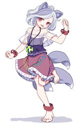 Rule 34 | 1girl, absurdres, ahoge, animal ears, barefoot, blush stickers, collarbone, commentary request, dog ears, dog tail, fang, frilled skirt, frills, grey hair, highres, kame (kamepan44231), mitsugashira enoko, multicolored hair, multiple tails, open mouth, pink skirt, purple shirt, red eyes, shirt, short hair, simple background, skirt, smile, solo, standing, standing on one leg, tail, touhou, unfinished dream of all living ghost, white background