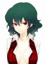 Rule 34 | 1girl, bad id, bad pixiv id, breasts, breasts apart, cleavage, female focus, green hair, hizuki akira, kazami yuuka, large breasts, light smile, looking at viewer, no bra, open clothes, open shirt, plaid, plaid vest, red eyes, shirt, simple background, solo, touhou, vest, white background