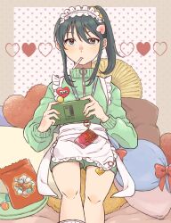 Rule 34 | 1girl, alternate costume, apron, blush, candy, cellphone, commentary request, food, food-themed hair ornament, frilled apron, frills, green eyes, green hair, green jacket, hair ornament, handheld game console, heart, heart-shaped pillow, highres, holding, holding handheld game console, jacket, jersey maid, lollipop, long hair, long sleeves, looking at viewer, maid, maid apron, maid headdress, mouth hold, name tag, peach hair ornament, phone, pillow, polka dot, polka dot background, ponytail, serizawa momoka, sitting, smartphone, solo, tokyo 7th sisters, track jacket, unconventional maid, yureru 300