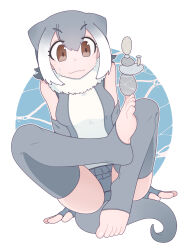 Rule 34 | 1girl, :3, animal ears, bare shoulders, blush, brown eyes, commentary request, elbow gloves, extra ears, fingerless gloves, frilled one-piece swimsuit, frills, fur collar, gloves, grey gloves, grey hair, grey one-piece swimsuit, grey thighhighs, highres, immortalzy, immortalzy125, kemono friends, multicolored hair, one-piece swimsuit, otter ears, otter girl, otter tail, rock, short hair, sidelocks, small-clawed otter (kemono friends), solo, stack, sweatdrop, swimsuit, tail, thighhighs, toeless legwear, two-tone hair, two-tone one-piece swimsuit, white fur, white hair, white one-piece swimsuit