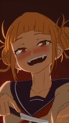 Rule 34 | 10s, 1girl, :d, animated, animated gif, ar jart, blonde hair, blunt bangs, blush, boku no hero academia, collarbone, double bun, fangs, hair bun, heavy breathing, highres, knife, looking at viewer, open mouth, red background, school uniform, simple background, slit pupils, smile, solo, teeth, toga himiko, upper body, watermark, yellow eyes