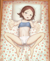 Rule 34 | 1girl, absurdres, bare legs, barefoot, brown eyes, brown hair, feet, female focus, hair ornament, hairclip, highres, looking at viewer, lying, navel, on back, original, paid reward available, parted lips, pillow, reaching, reaching towards viewer, sc naru, short hair, short shorts, shorts, smile, solo, tank top, thighs, toes, white shorts