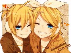 Rule 34 | 1boy, 1girl, blonde hair, blue eyes, brother and sister, cheek-to-cheek, earmuffs, hair ornament, hair ribbon, hairclip, heads together, kagamine len, kagamine rin, one eye closed, ribbon, short hair, siblings, smile, twins, undertime, vocaloid, wink, winter clothes