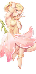 Rule 34 | 1girl, absurdres, ankle scrunchie, arm up, armband, armpits, bad id, bad pixiv id, bare legs, bare shoulders, barefoot, blonde hair, blush, breasts, commentary, feet, flower, folded ponytail, frilled armband, frills, full body, green eyes, hair flower, hair ornament, highres, leotard, looking at viewer, medium breasts, original, parted lips, scrunchie, simple background, solo, suigetsu (hjs1106), toes, transparent, v, white background, wrist scrunchie, yellow leotard
