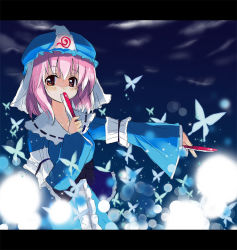 Rule 34 | 1girl, bug, butterfly, covering own mouth, female focus, folding fan, glowing, gotyou, hand fan, hat, insect, japanese clothes, letterboxed, orange eyes, outstretched arm, pink hair, red eyes, saigyouji yuyuko, short hair, solo, touhou