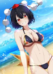 1girl beach bikini black_bikini black_hat blue_sky blush breasts cleavage commentary_request dutch_angle hand_fan hat hauchiwa highres horizon kitaura_kasumi large_breasts looking_at_viewer navel outdoors parted_lips pom_pom_(clothes) red_eyes shameimaru_aya sky solo swimsuit tate_eboshi tokin_hat touhou