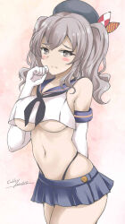 Rule 34 | 1girl, artist name, beret, black hairband, black headwear, black neckerchief, black panties, blue sailor collar, breasts, cosplay, crop top, dated, elbow gloves, gakky, gloves, grey eyes, grey hair, hairband, hand to own mouth, hat, highleg, highleg panties, kantai collection, kashima (kancolle), large breasts, long hair, looking at viewer, microskirt, miniskirt, neckerchief, one-hour drawing challenge, panties, pleated skirt, sailor collar, shimakaze (kancolle), shimakaze (kancolle) (cosplay), sidelocks, skirt, solo, twintails, underboob, underwear, wavy hair, white gloves
