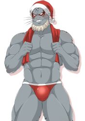 Rule 34 | 1boy, abs, alternate costume, bad id, bad twitter id, bara, beard, blush, boku no hero academia, bulge, christmas, edging underwear, facial hair, feet out of frame, fins, fish boy, furry, furry male, grin, halakuya, hat, highres, jockstrap, large pectorals, male focus, male underwear, mature male, muscular, muscular male, navel, paid reward available, pectorals, red male underwear, santa costume, santa hat, selkie (boku no hero academia), smile, solo, stomach, thick thighs, thighs, towel, towel around neck, underwear, underwear only, whiskers, white background