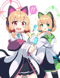 Rule 34 | !, !!, 2girls, :d, animal ear headphones, animal ears, black skirt, black thighhighs, blonde hair, blue archive, blue bow, blue necktie, bow, collared shirt, commentary request, double popsicle, fake animal ears, food, frilled jacket, frills, green eyes, hair bow, halo, headphones, highres, holding, holding food, holding popsicle, jacket, long hair, massala, midori (blue archive), momoi (blue archive), multiple girls, necktie, off shoulder, open clothes, open jacket, open mouth, pleated skirt, popsicle, red bow, red eyes, shirt, siblings, sidelocks, simple background, sisters, skirt, smile, sparkle, spoken exclamation mark, standing, tail, tears, thighhighs, trembling, twins, v-shaped eyebrows, wavy mouth, white background, white jacket, white shirt