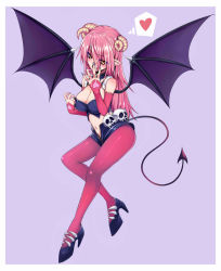 Rule 34 | 1girl, bare shoulders, bat wings, breasts, cleavage, coupe50, cum, cum on body, cum on hair, cum on upper body, demon girl, demon tail, facial, horns, large breasts, long hair, midriff, nail polish, navel, pantyhose, pink hair, pointy ears, solo, tail, wings, yellow eyes