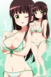 Rule 34 | 1girl, ;d, arm behind back, bikini, blunt bangs, blush, breasts, brown hair, cleavage, closed mouth, collarbone, cowboy shot, front-tie bikini top, front-tie top, full body, gochuumon wa usagi desu ka?, gradient background, green bikini, green eyes, groin, hand on own chest, hara (harayutaka), highres, large breasts, long hair, looking at viewer, navel, one eye closed, open mouth, outline, shiny skin, side-tie bikini bottom, smile, standing, star (symbol), starry background, stomach, swimsuit, two-tone background, ujimatsu chiya, white outline, zoom layer