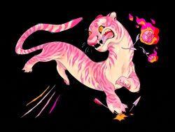 Rule 34 | 1other, animal, animal focus, arrow (projectile), black background, broken arrow, burning, claw mark, claws, colored sclera, ears back, fire, fleebites, flower, no humans, open mouth, orange sclera, original, pink fire, pink flower, pink fur, pink rose, pink stripes, red eyes, rose, sharp teeth, simple background, teeth, tiger