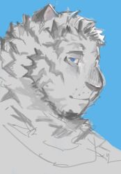 Rule 34 | 1boy, animal ears, arknights, blue background, blue eyes, commentary, english commentary, furry, furry male, highres, lodgebert, looking at viewer, male focus, mountain (arknights), profile, smile, tiger boy, tiger ears, tiger stripes