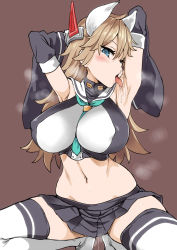 Rule 34 | 1girl, animal ears, armpits, arms up, asanagi, azur lane, between breasts, black skirt, blonde hair, blue eyes, blush, breasts, breath, brown background, brown hair, commentary request, covered erect nipples, crop top, detached sleeves, furutaka (azur lane), highres, huge breasts, impossible clothes, impossible shirt, large breasts, licking, licking armpit, long hair, looking at viewer, midriff, miniskirt, navel, open mouth, pleated skirt, pussy juice, remodel (azur lane), sailor collar, sailor shirt, saliva, shirt, simple background, skirt, solo, spread legs, squatting, thighhighs, tongue, tongue out, white thighhighs, wide sleeves