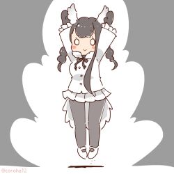 Rule 34 | 1girl, arms up, bird girl, bird tail, bird wings, black-headed ibis (kemono friends), black hair, bow, bowtie, coroha, feathered wings, full body, gloves, grey background, head wings, jacket, jumping, kemono friends, long hair, looking at viewer, pantyhose, shoes, simple background, skirt, solo, tail, wings