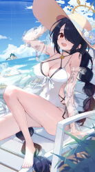 Rule 34 | 1girl, absurdres, black hair, blue archive, breasts, chair, covered navel, earrings, flower, hair over one eye, halo, hat, hat flower, highres, hinata (blue archive), hinata (swimsuit) (blue archive), jewelry, large breasts, long hair, lounge chair, ocean, one-piece swimsuit, red eyes, shi classmate, single earring, sun hat, swimsuit, very long hair, white one-piece swimsuit