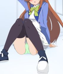 Rule 34 | 1girl, amamiya mimori, arm support, arm up, black footwear, black thighhighs, blazer, blue jacket, blush, boots, bow, breasts, brown hair, commentary request, dress, green bow, green panties, head out of frame, jacket, knees together feet apart, knees up, long hair, momio, open clothes, open jacket, panties, parted lips, shadowverse (anime), sitting, small breasts, solo, sweat, thighhighs, underwear, very long hair, white dress