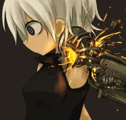 Rule 34 | 1girl, armpits, atsuki (gadgeko), bad id, bad pixiv id, commentary request, damaged, from side, grey eyes, looking to the side, mechanical arms, mechanical parts, original, outstretched arms, simple background, single mechanical arm, sketch, solo, sparks, upper body, white hair