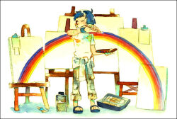 Rule 34 | 1boy, 21grams, ahoge, black border, black eyes, blue footwear, blue hair, blue jacket, blue pants, border, bottle, child, closed mouth, clothes around waist, commentary request, denim, easel, hand on own cheek, hand on own face, holding, holding paintbrush, holding palette, jacket, jacket around waist, jeans, light blush, male focus, one eye closed, original, paint splatter, paint tube, paintbrush, painting (medium), palette (object), pants, paper, pocket, rainbow, sandals, shadow, shirt, short hair, short sleeves, simple background, smile, solo, t-shirt, toes, traditional media, watercolor (medium), white background, white shirt, white sleeves