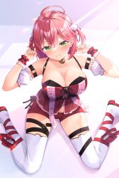 Rule 34 | 1girl, :d, absurdres, ahoge, arm strap, blush, boots, breasts, cleavage, green eyes, hair ornament, hairclip, highres, hololive, large breasts, open mouth, pink hair, sakura miko, sakura miko (work), shimo (shimo332215), short hair, short shorts, shorts, sitting, sleeveless, smile, solo, thigh boots, thigh strap, thighhighs, thighs, virtual youtuber, wariza, white thighhighs, wristband