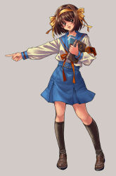 Rule 34 | 1990s (style), 1girl, absurdres, armband, belt, belt buckle, bible (object), black socks, blue belt, blue sailor collar, blue skirt, book, bow, bow hairband, brown eyes, brown footwear, brown hair, buckle, commission, cross, full body, grey footwear, hair ornament, hairband, highres, holding, holding book, index finger raised, kita high school uniform, kneehighs, loafers, long sleeves, longmei er de tuzi, looking at viewer, open mouth, pixiv commission, pleated skirt, pointing, pointing to the side, red armband, red ribbon, red stripes, retro artstyle, ribbon, sailor collar, school uniform, serafuku, shirt, shoes, skirt, sleeve cuffs, smile, socks, solo, standing, suzumiya haruhi, suzumiya haruhi no yuuutsu, teeth, upper teeth only, white shirt, white stripes, winter uniform, yellow bow, yellow hairband, yellow ribbon