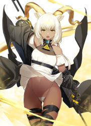 Rule 34 | 1girl, :o, animal ears, arknights, arm up, bare shoulders, beeswax (arknights), belt, black jacket, clothes lift, cowboy shot, curled horns, dark-skinned female, dark skin, dress, dress lift, female focus, gluteal fold, goat ears, goat horns, groin, highleg, highleg panties, highres, holding, horns, infection monitor (arknights), jacket, long hair, long sleeves, looking at viewer, meth (emethmeth), navel, off-shoulder dress, off shoulder, open clothes, open jacket, open mouth, panties, polearm, short dress, short sleeves, solo, standing, stomach, string panties, thigh gap, thigh strap, third eye, underwear, weapon, white dress, white hair, white panties, wind, wind lift, yellow eyes