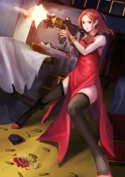 Rule 34 | 1girl, absurdres, alcohol, assault rifle, bare shoulders, black nails, bottle, bracelet, broken glass, casing ejection, chair, closed mouth, cup, door, dress, drinking glass, firing, flower, full body, glass, gun, high heels, highres, holding, holding gun, holding weapon, jewelry, magazine (weapon), medium hair, muzzle flash, nail polish, necklace, nori (arara105), original, pearl necklace, plate, red dress, red eyes, red footwear, red hair, red wine, rifle, shell casing, sleeveless, sleeveless dress, solo, spill, standing, stiletto heels, table, tablecloth, thighhighs, weapon, weapon request, wine, wine glass