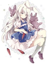 Rule 34 | 1girl, :o, absurdres, animal, animal ears, apron, blue apron, blue bow, blush, bow, brown footwear, carrot, commentary, doily, dress, ears down, floral background, food, full body, green eyes, grey socks, hair between eyes, highres, holding, holding food, kneehighs, loafers, long hair, looking at viewer, original, parted lips, puffy short sleeves, puffy sleeves, rabbit, rabbit ears, shoes, short sleeves, socks, solo, symbol-only commentary, tsukiyo (skymint), very long hair, white background, white dress, white hair