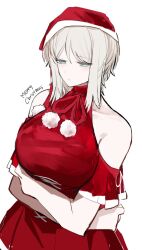 Rule 34 | 1girl, blush, breasts, closed mouth, cowboy shot, crossed arms, dress, faust (project moon), hat, highres, large breasts, limbus company, naughty 0b, off-shoulder dress, off shoulder, project moon, red dress, red hat, santa costume, santa hat, short hair, solo, white hair