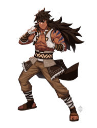 Rule 34 | 1boy, abs, artist name, bandaged arm, bandaged leg, bandages, bara, belt, biceps, black eyes, brown hair, clenched hands, clothes lift, dark-skinned male, dark skin, fighting stance, gauntlets, highres, jacket, large pectorals, long hair, looking at viewer, male focus, manly, mature male, mouth piercing, muscular, muscular male, no shirt, original, pants, pectorals, sandals, shoulder tattoo, signature, simple background, skirt, skirt lift, sleeveless, smirk, solo, spiked hair, tattoo, thick arms, white background, xelgot