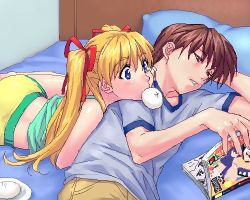 Rule 34 | 1boy, 1girl, aizawa yuuichi, bare legs, bed, blonde hair, blue eyes, bow, brown hair, food, food request, green shirt, hair bow, head on another&#039;s shoulder, kanon, lowres, lying, magazine (object), manga (object), midriff, mouth hold, oekaki, on bed, on side, pillow, reading, red bow, sawatari makoto, shirt, shorts, t-shirt, tank top, twintails, yellow shorts, zen