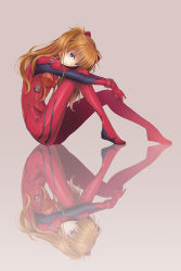 Rule 34 | 1girl, blue eyes, bodysuit, breasts, brown hair, full body, grey background, hair ornament, interface headset, long hair, looking at viewer, mono monom, neon genesis evangelion, plugsuit, red bodysuit, reflection, shiny clothes, simple background, sitting, small breasts, smile, solo, souryuu asuka langley