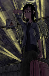 Rule 34 | 1girl, absurdres, angel, angel wings, bag, black hair, cigarette, cloud, cloudy sky, cold, concrete, confused, dark, denim, dronovbiotex, fence, gloom (expression), haibane renmei, halo, highres, holding, holding bag, jeans, light rays, long skirt, looking at viewer, looking down, medium hair, night, night sky, pants, railroad station, reki (haibane), russia, russian text, sad, sign, skinny, skirt, sky, smoke, smoking, standing, station, straight hair, tall female, warning sign, wings