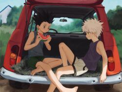 Rule 34 | 2boys, barefoot, black hair, child, commentary, day, eating, feet, food, fruit, gon freecss, highres, holding, holding food, holding fruit, hunter x hunter, killua zoldyck, knee up, legs, mizukiyoi, motor vehicle, multiple boys, rear-view mirror, rug, sitting, soles, symbol-only commentary, tank top, toenails, toes, tree, watermelon, white hair