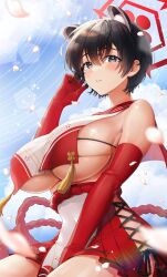 Rule 34 | 1girl, animal ears, black eyes, black hair, blue archive, blue sky, breast curtain, breasts, cloud, day, gloves, halo, highres, large breasts, long hair, looking at viewer, noixen, outdoors, parted lips, raccoon ears, raccoon girl, red gloves, red sailor collar, red skirt, sailor collar, short hair, sideless outfit, sitting, skirt, sky, solo, thighs, tsubaki (blue archive)