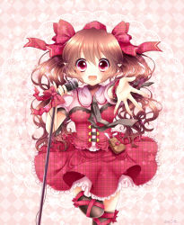 Rule 34 | 1girl, bad id, bad pixiv id, bag, black thighhighs, blush, brown hair, corset, hat, himekaidou hatate, lace, microphone, open mouth, pink background, red eyes, sanotsuki, skirt, smile, solo, thighhighs, tokin hat, touhou, twintails
